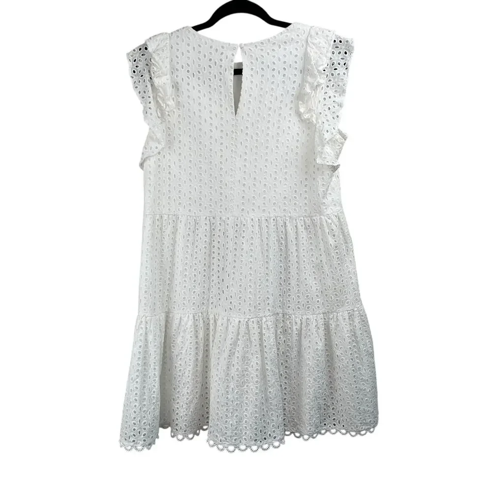 Vince Camuto White Eyelet Ruffle Keyhole Back Tiered Fit & Flare Mini Dress 14/L